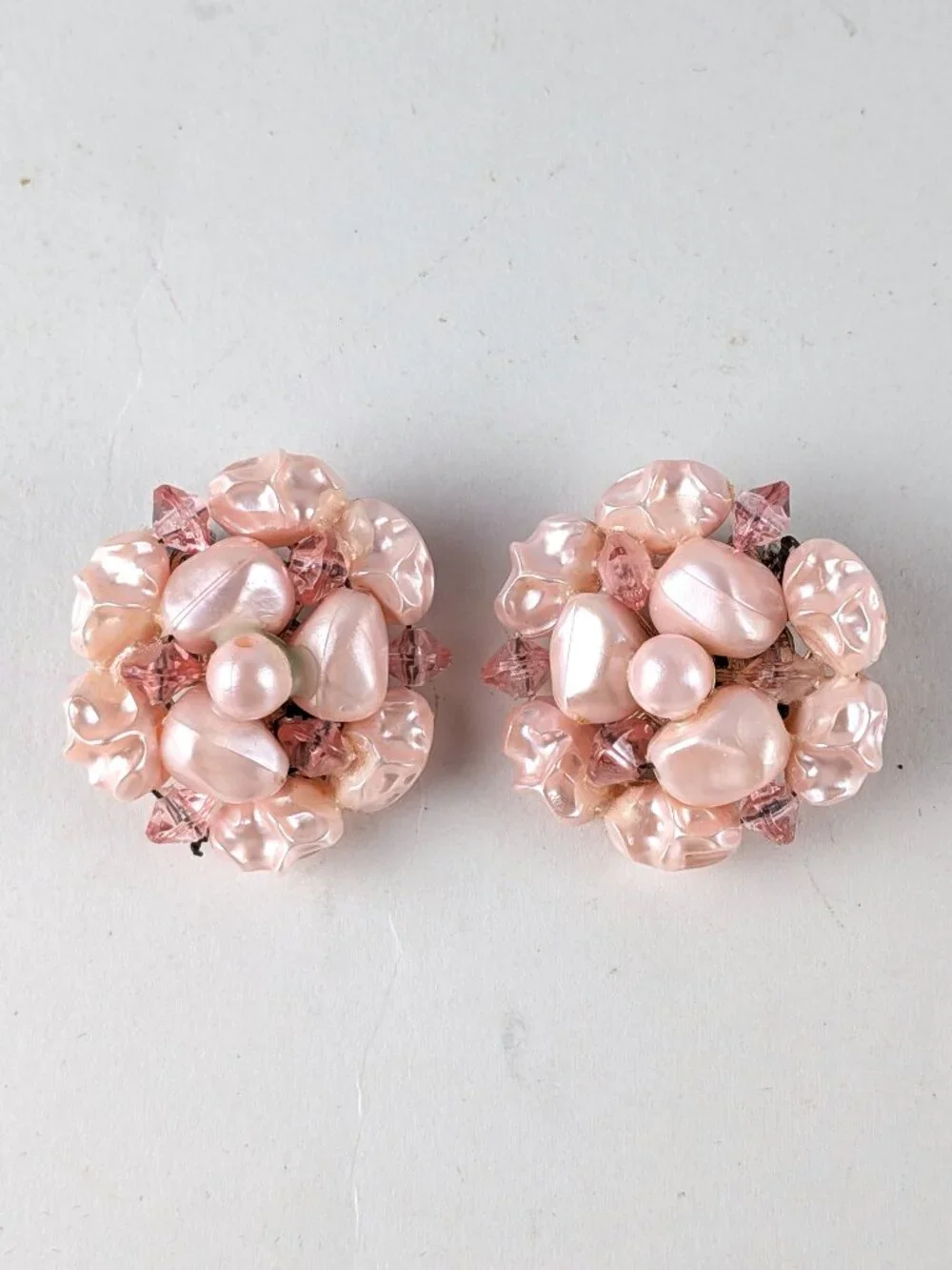Vintage Light Pink Beaded Clip-On Earrings